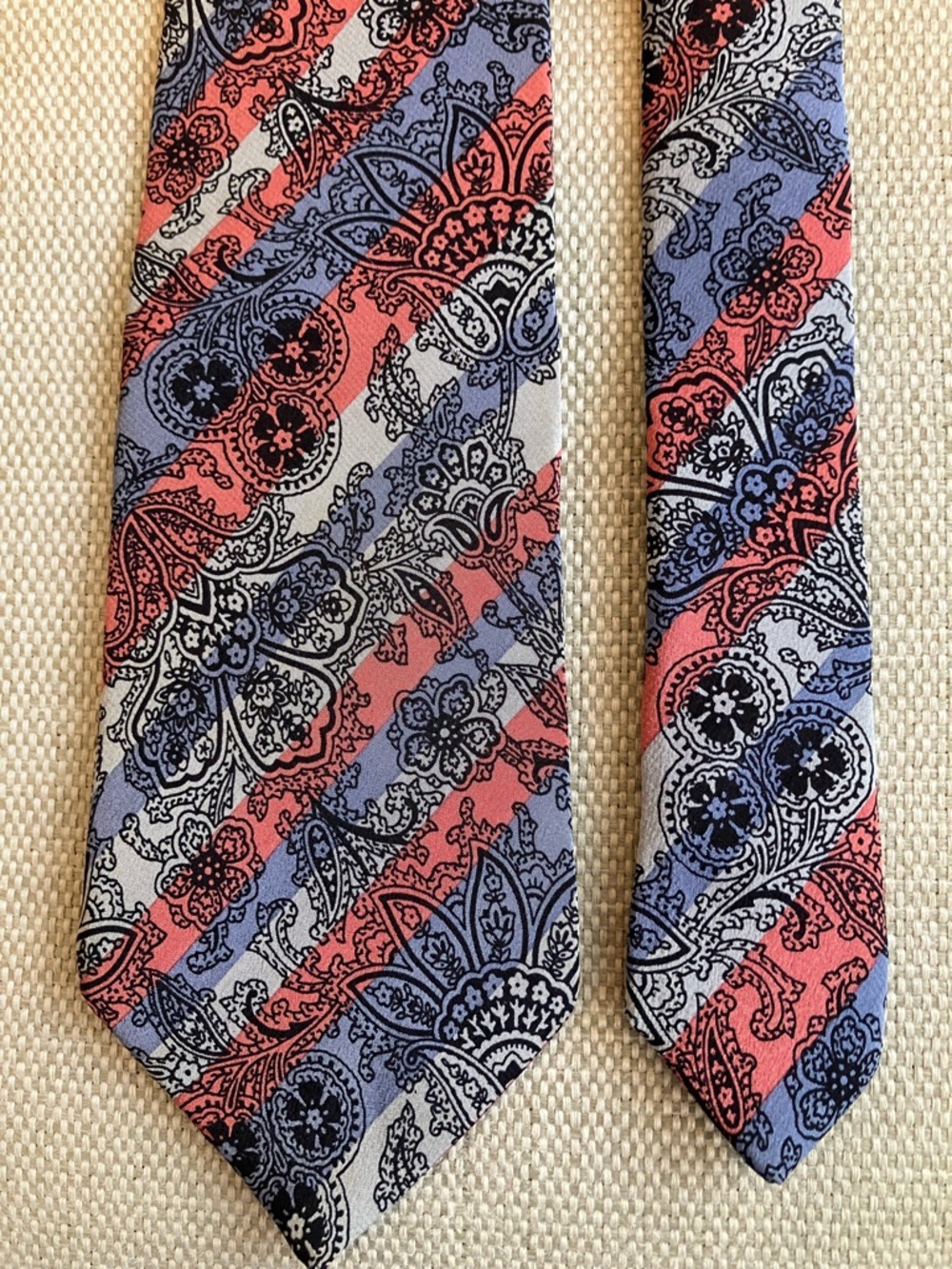 Vintage silk tie, made in Canada, paisley with diagonal stripes, orange & grey